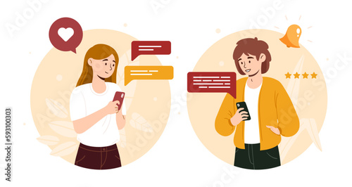 People discuss at internet. Man and woman communicate in social networks. Young couple, friends or students chatting in messengers. Online connection concept. Cartoon flat vector illustration