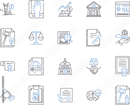 Legal management outline icons collection. Law, Management, Litigation, Compliance, Risk, Dispute, Regulations vector and illustration concept set. Solicitors, Hearings, Contracts linear signs