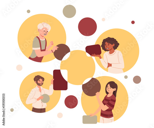 People organizing figures. Men and women assemble picture of geometric shapes. Metaphor of teamwork and partnership. Organization of effective workflow in office. Cartoon flat vector illustration