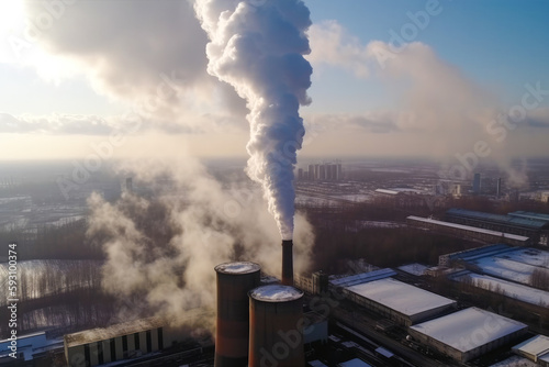 Smoke coming out of a tall smokestack, aerial view with industrial cityscape in background. Pollution is a serious environmental problem. High quality generative AI