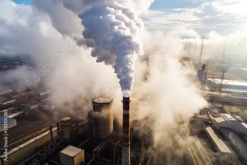 Smoke coming out of a tall smokestack, aerial view with industrial cityscape in background. Pollution is a serious environmental problem. High quality generative AI