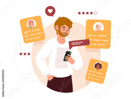 Guy searching girlfriend. Man with smartphone opens dating app. Social networks and communication on Internet. Love and romance. Chatting and flirting online. Cartoon flat vector illustration