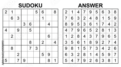 Vector sudoku with answer 21. Educational game with numbers for kids and leisure for adult on white background.