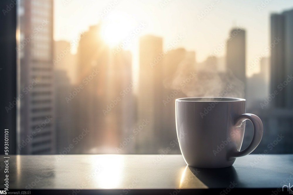 Coffee mug on windowsill, sunrise and skyscrapers in the background. AI generative
