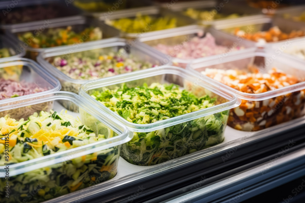 Vegetable salads in plastic containers for sale in a commercial fridge, plastic waste problems. High quality generative ai