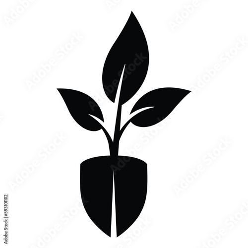 Minimalist shovel and plant vector icon design in a flat style. Perfect for gardening, eco-friendly, and agriculture-themed projects or brands.