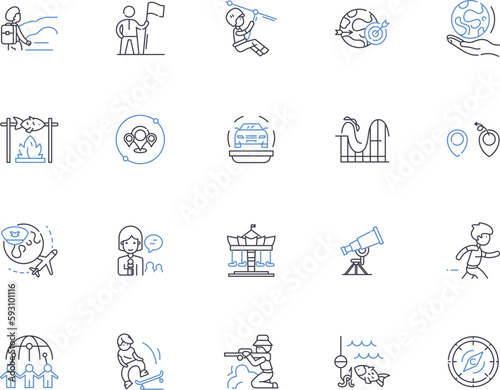 Adventure outline icons collection. Exploration, Trekking, Hiking, Backpacking, Mountaineering, Climbing, Camping vector and illustration concept set. Kayaking, Rafting, Canoeing linear signs