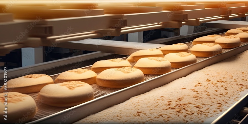 Bread loaves on a conveyor belt at the bakery. production of bread at a commercial facility. Generative AI
