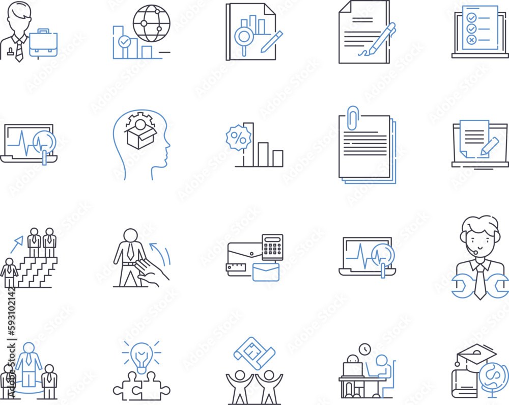 Corporation outline icons collection. Company, Entity, Business, Conglomerate, Organization, Group, Multinational vector and illustration concept set. Conglomeration, Firm, Joint-Stock linear signs