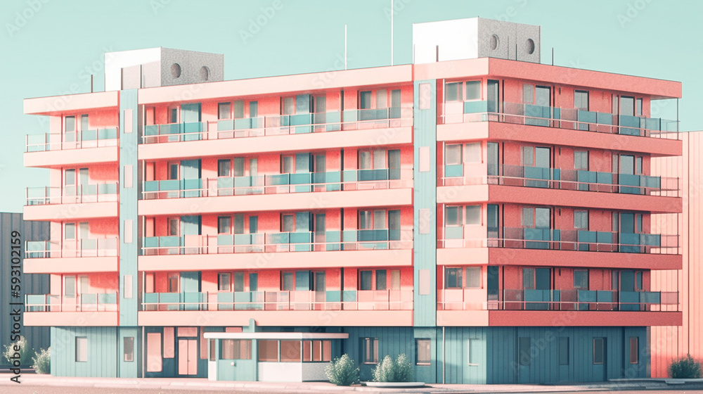 Artistic impression of a 1970s style apartment building with pastel pink and green tones.