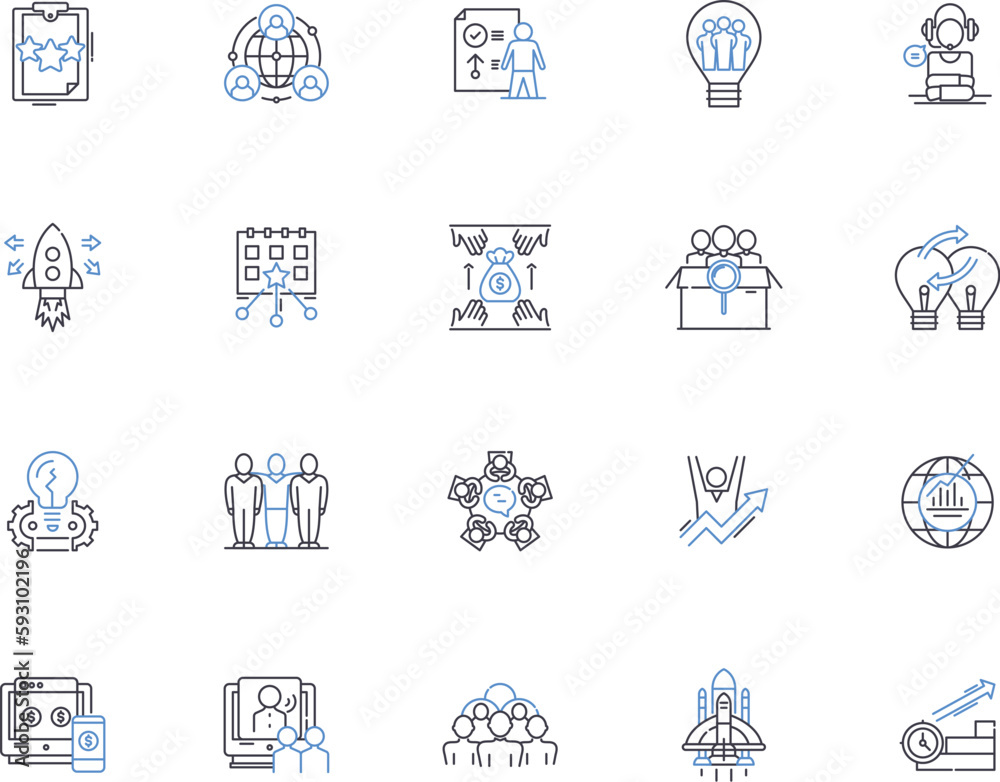 Startup outline icons collection. Entrepreneur, Innovate, Launch, Venture, Company, Business, Funding vector and illustration concept set. Idea, Accelerator,Tech linear signs