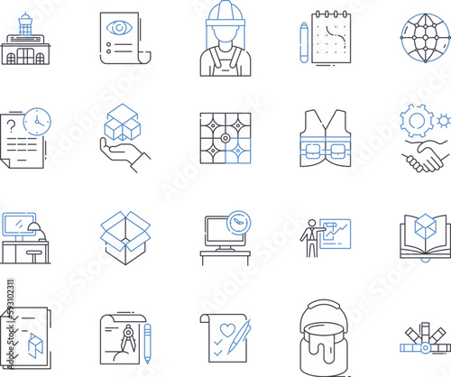 Engineering tools outline icons collection. Tools, Engineering, Instrument, Drill, Wrench, Saw, Screwdriver vector and illustration concept set. Cement, Hammer, Clamp linear signs