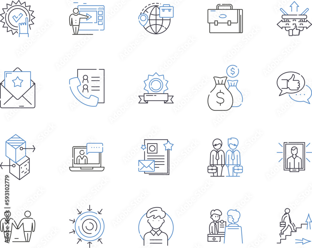 Talent management outline icons collection. Talent, Management, Recruitment, Retention, Engagement, Hiring, Performance vector and illustration concept set. Assessment, Succession, Training linear