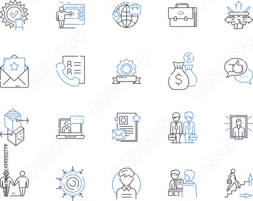 Talent management outline icons collection. Talent, Management, Recruitment, Retention, Engagement, Hiring, Performance vector and illustration concept set. Assessment, Succession, Training linear