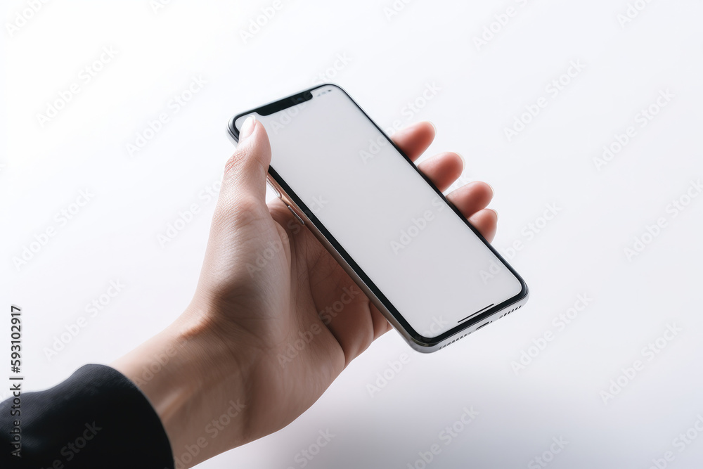 Top down view of a hand holding a modern smartphone on a white high key background, with copyspace. High quality generative AI