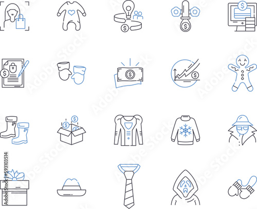 Fashion industry outline icons collection. Clothing, Garments, Apparel, Accessories, Style, Runway, Textiles vector and illustration concept set. Fabric, Shoes, Designers linear signs