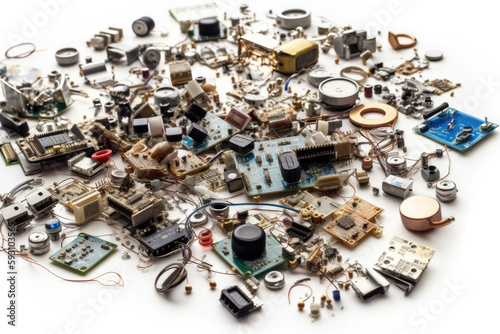 Various electronic components arranged on a table, top down view, high key white background. High quality generative ai