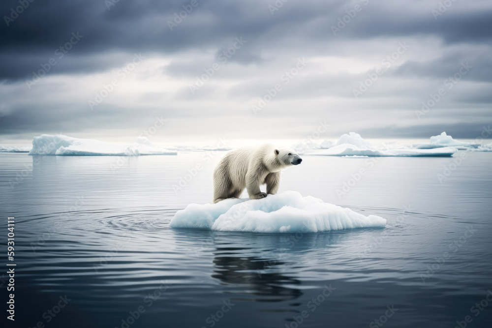 Polar bear floating on a small piece of ice, with icebergs in background. Global warming concept. High quality generative ai
