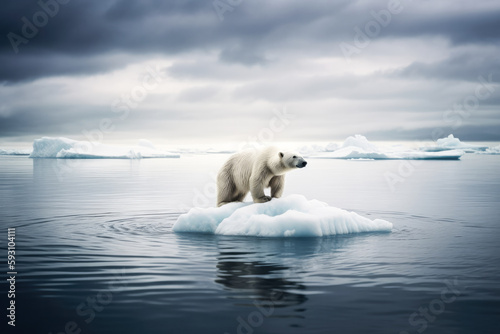 Polar bear floating on a small piece of ice  with icebergs in background. Global warming concept. High quality generative ai