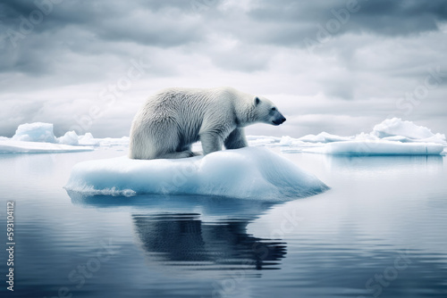 Polar bear floating on a small piece of ice  with icebergs in background. Global warming concept. High quality generative ai