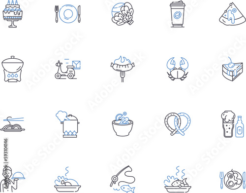 Meals outline icons collection. Food, Dish, Cuisine, Meal, Dinner, Lunch, Supper vector and illustration concept set. Breakfast, Snack, Recipe linear signs