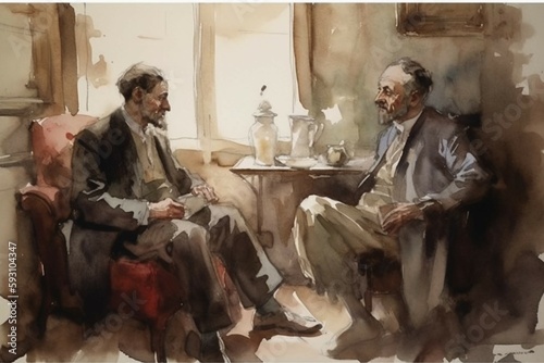 Two people pointing fingers and arguing, sitting on different sofas, watercolor. AI generative