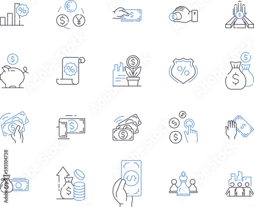 Investment office outline icons collection. Investment, Office, Banking, Finance, Securities, Stocks, Share vector and illustration concept set. Equity,Funds,Interest linear signs