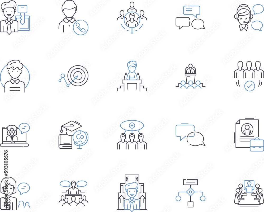 Fototapeta premium Management department outline icons collection. Managing, Session, Training, Workshop, Business, Leadership, Strategies vector and illustration concept set. Planning, Coaching, Facilitation linear