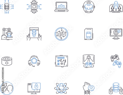 Hardware outline icons collection. Hardware, components, peripherals, processors, GPUs, motherboards, RAM vector and illustration concept set. power-supplies, video-cards, network-cards linear signs