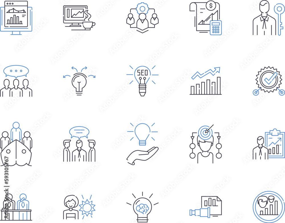 Strategy planning outline icons collection. Planning, Strategy, Developing, Branding, Forecasting, Organizing, Executing vector and illustration concept set. Setting, Outlining, Proposing linear signs