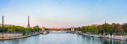 Pont Alexandre III bridge on seine river with Eiffel Tower in Paris. France