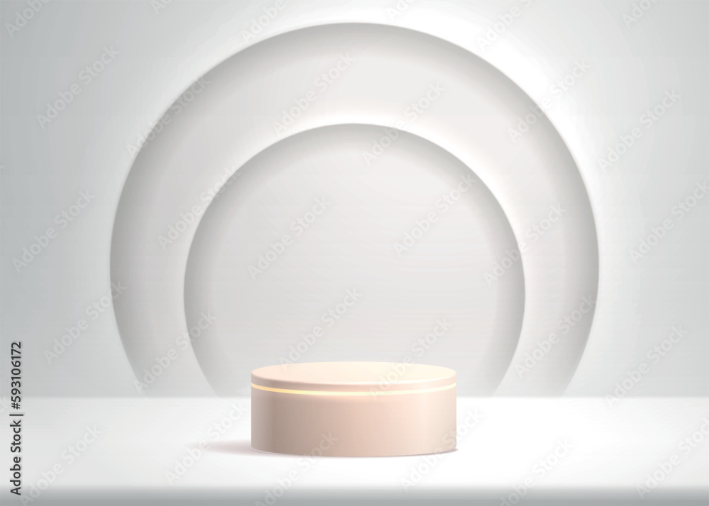 Fototapeta premium Podium display for cosmetic background. Studio stage with shadow of background and circles on wall. Realistic vector illustration of gold pedestal on white background