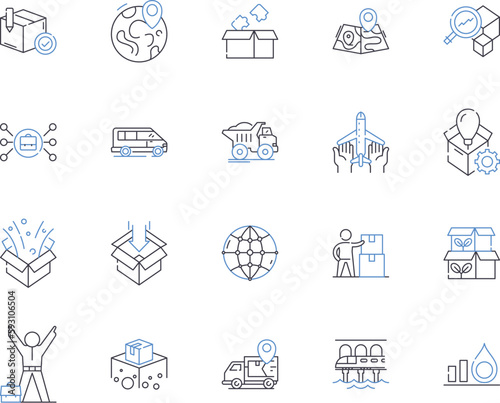 Logistic management outline icons collection. Logistics, Management, Supply, Chain, Order, Delivery, Warehouse vector and illustration concept set. Distribution, Inventory, Process linear signs