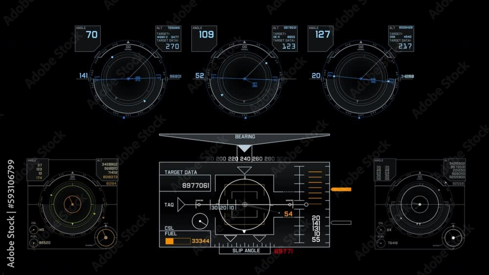 A set of 6 aviation HUD dial and gauge elements showing tech data. The elements come with an alpha channel for transparency and are 4k 24p.