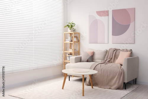 Stylish living room interior with sofa  coffee table and wooden shelf. Space for text