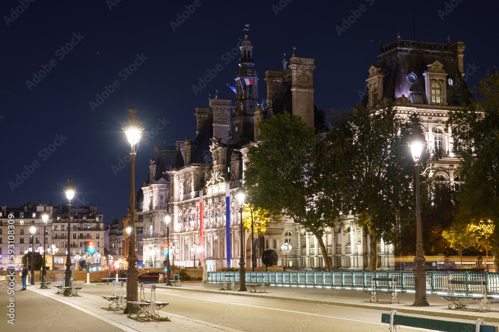 City Hall of Paris at night, France