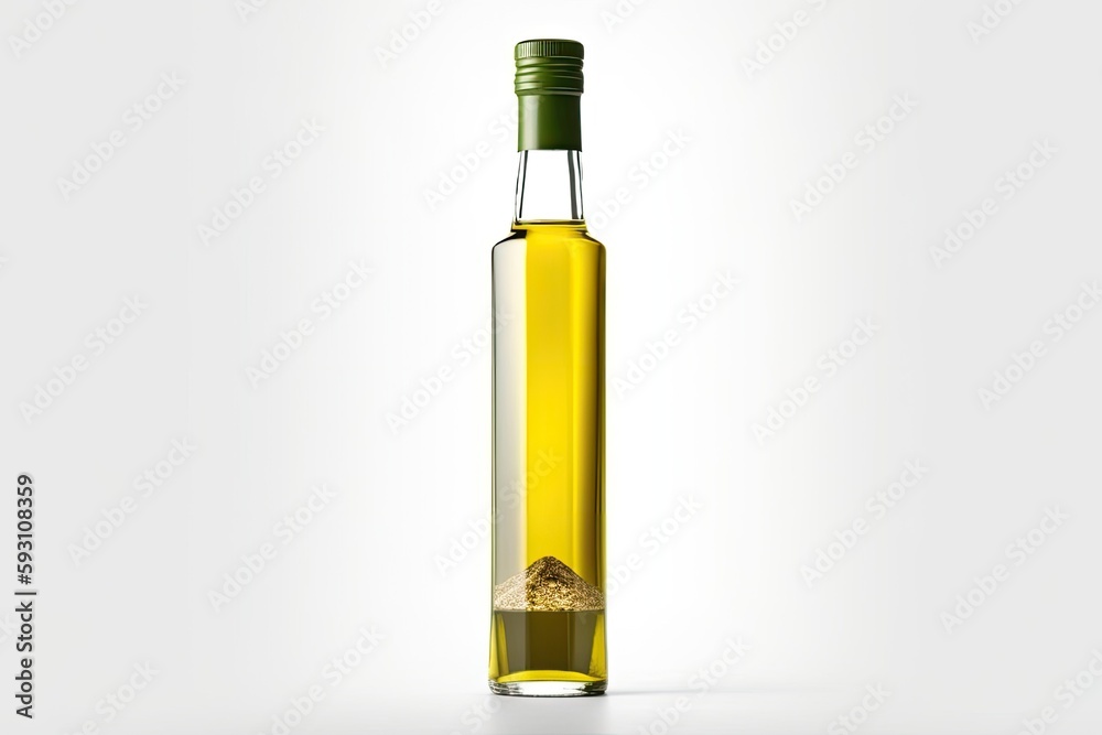 Fototapeta premium clear glass bottle of high-quality organic olive oil on a plain white background. Generative AI