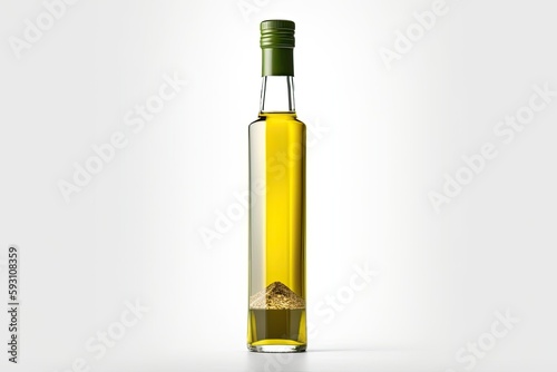 clear glass bottle of high-quality organic olive oil on a plain white background. Generative AI