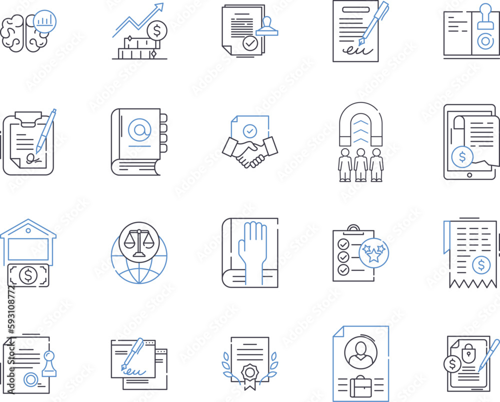 Legal business outline icons collection. Law, Business, Legal, Corporate, Contract, Litigation, Agreement vector and illustration concept set. Compliance, Regulations, Statutes linear signs