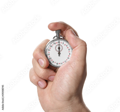 Man holding vintage timer on white background, closeup