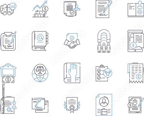Legal business outline icons collection. Law, Business, Legal, Corporate, Contract, Litigation, Agreement vector and illustration concept set. Compliance, Regulations, Statutes linear signs