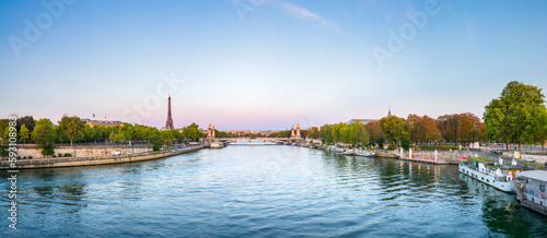 Pont Alexandre III bridge on seine river with Eiffel Tower in Paris. France