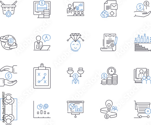 Finance tech outline icons collection. FinTech, Financial, Technology, Banking, Payments, Blockchain, Investing vector and illustration concept set. Credit, Crypto, Analytics linear signs