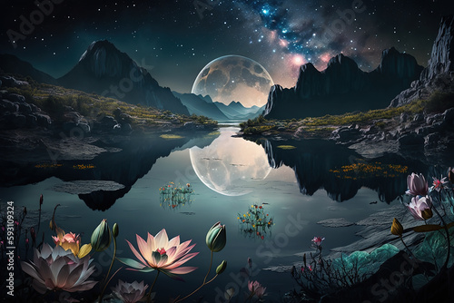 Wallpaper Mural Surreal fantasy night scene with the moon rising over a lake and beautiful lotus flowers