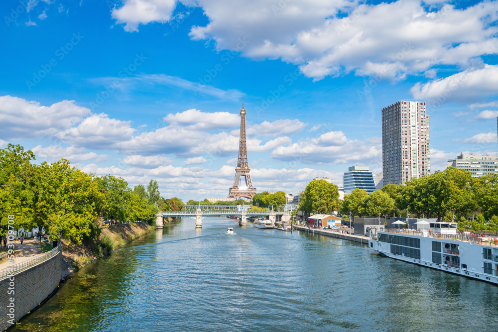 Seine river and skyline view of Paris with Eiffel Tower