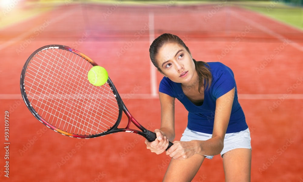 Young woman, tennis sport player hold racket