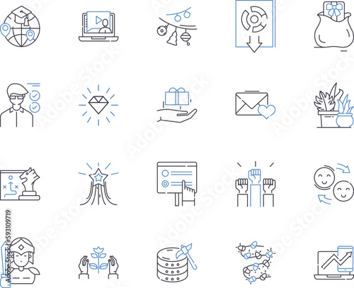 performance art outline icons collection. Performance, Art, Theatre, Dance, Music, Visual, Installation vector and illustration concept set. Activism, Poetry, Puppetry linear signs