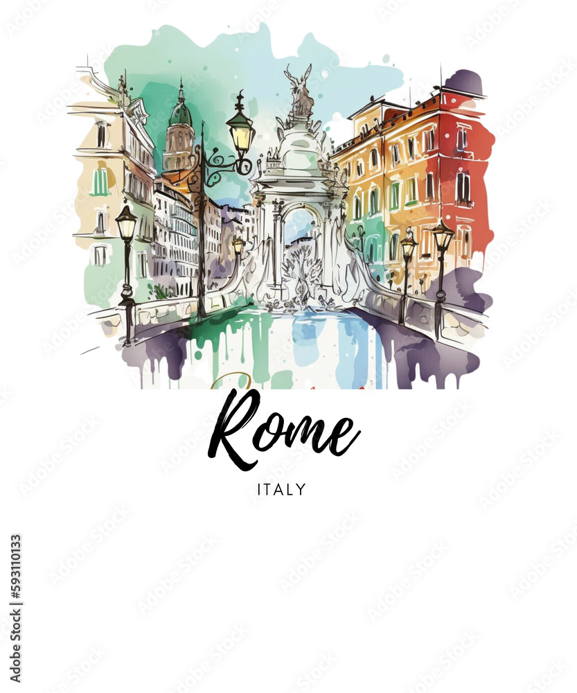 Rome Italy Watercolour Designs Of The City of Rome, Roma Italia
