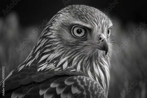 Hen Harrier  Circus cyaneus  macro effect close up  black and white image. Generative AI