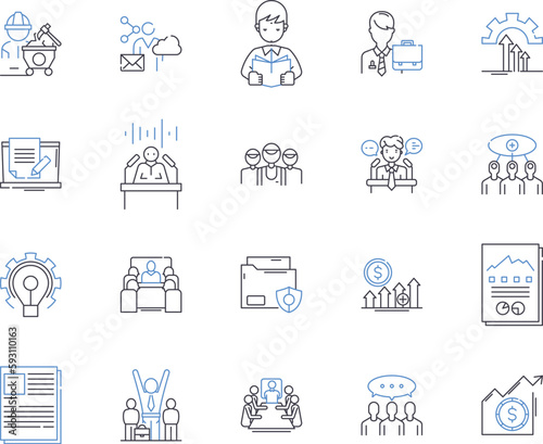 Employee life outline icons collection. Worker, Job, Joblessness, Salary, Benefits, Performance, Motivation vector and illustration concept set. Reward, Hours, Vacation linear signs